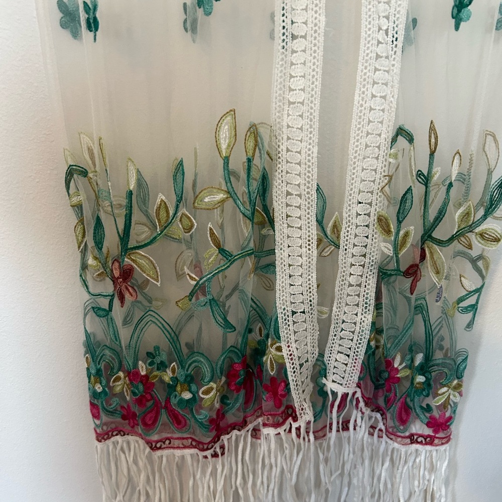 Embroidered Sheer Swim Coverup with Fringe - Picture 5 of 7